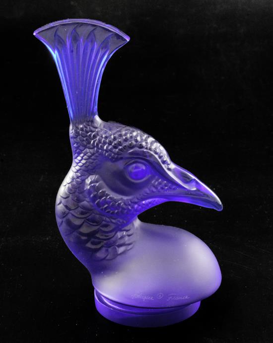 Tête de Paon/Peacocks head. A glass mascot by René Lalique, introduced on 3/2/1928, No.11876 Height 17.4cm.